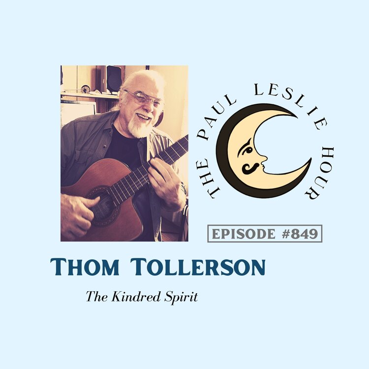Singer-songwriter, music teacher Thom Tollerson is pictured on a light blue background.