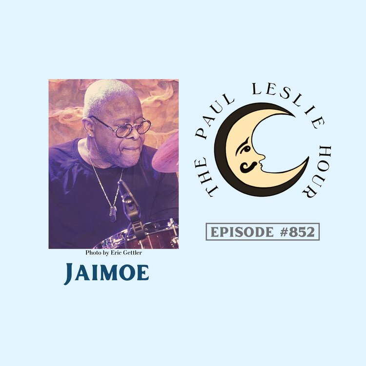 Drummer Jaimoe is featured on a light blue background.