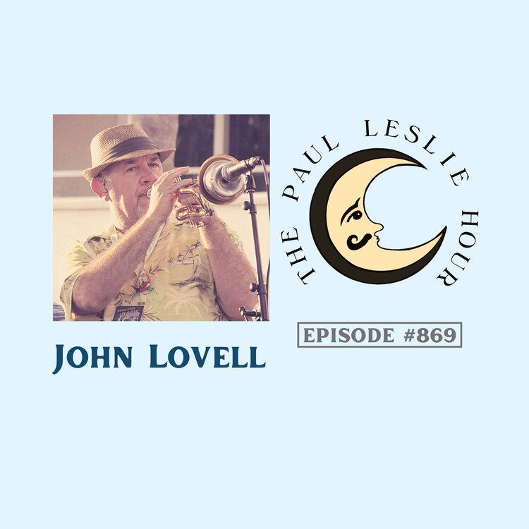 Trumpeter John Lovell is shown on a light blue background.
