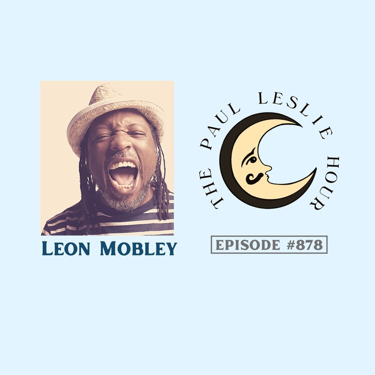 Percussionist Leon Mobley is shown on a light blue background.