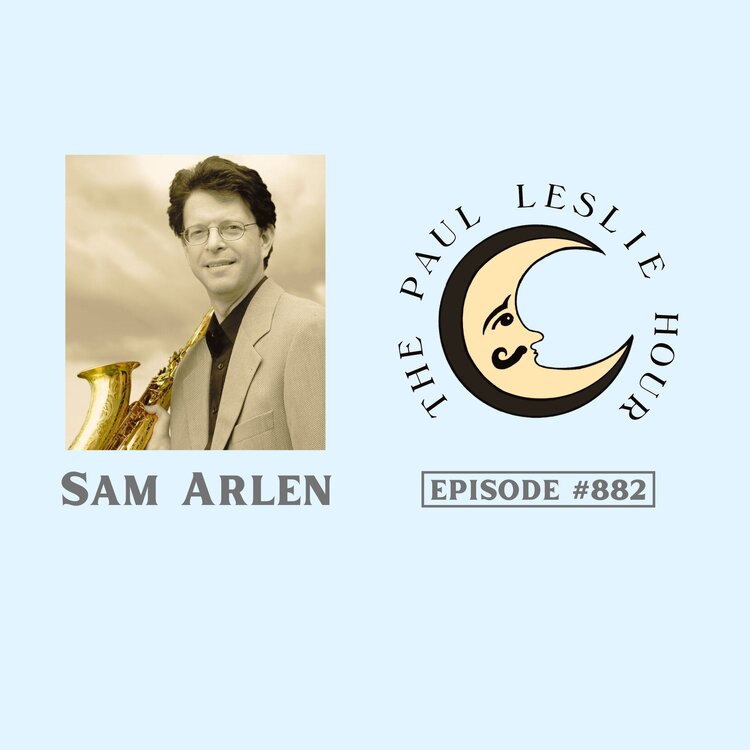 Saxophonist Sam Arlen is shown on a light blue background.
