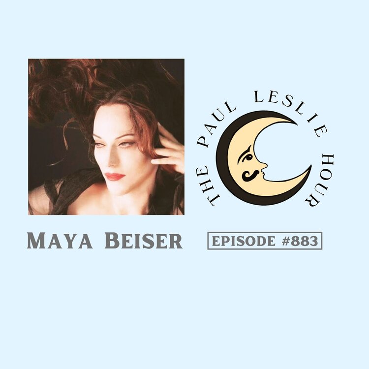 Cellist Maya Beiser is shown on a light blue background.