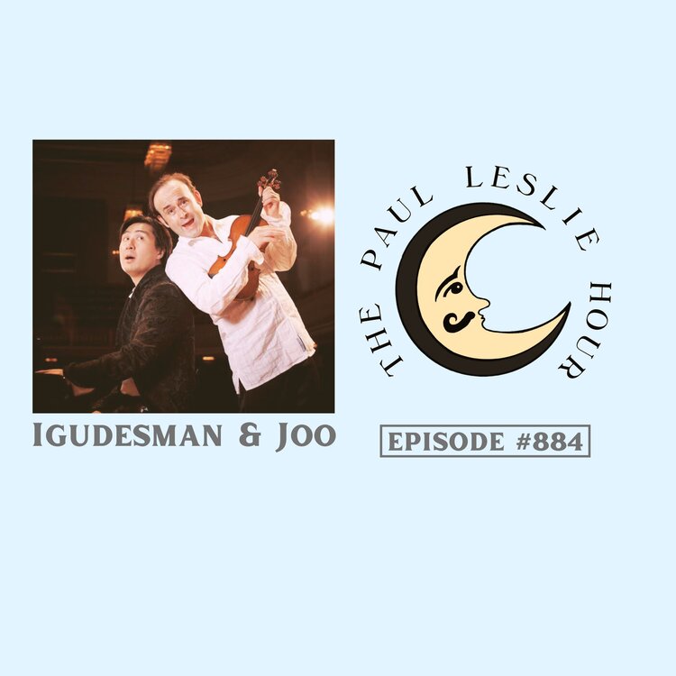 Comedic classical musicians Igudesman and Joo are seen on a light blue background.
