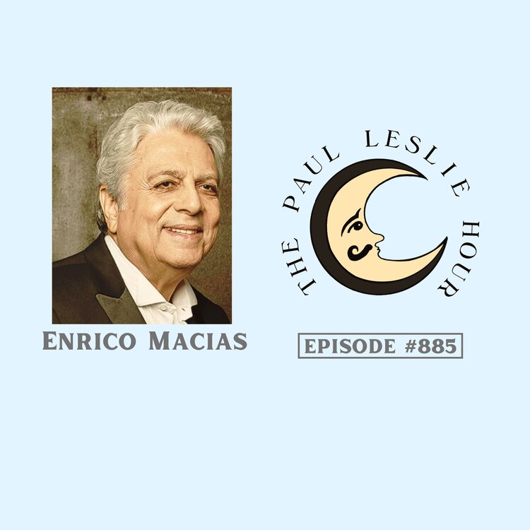 Singer-songwriter Enrico Macias is pictured on a light blue background.