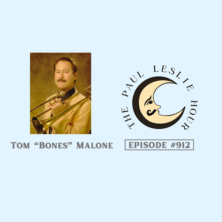 Trombonist Tom "Bones" Malone is shown on a light blue background.