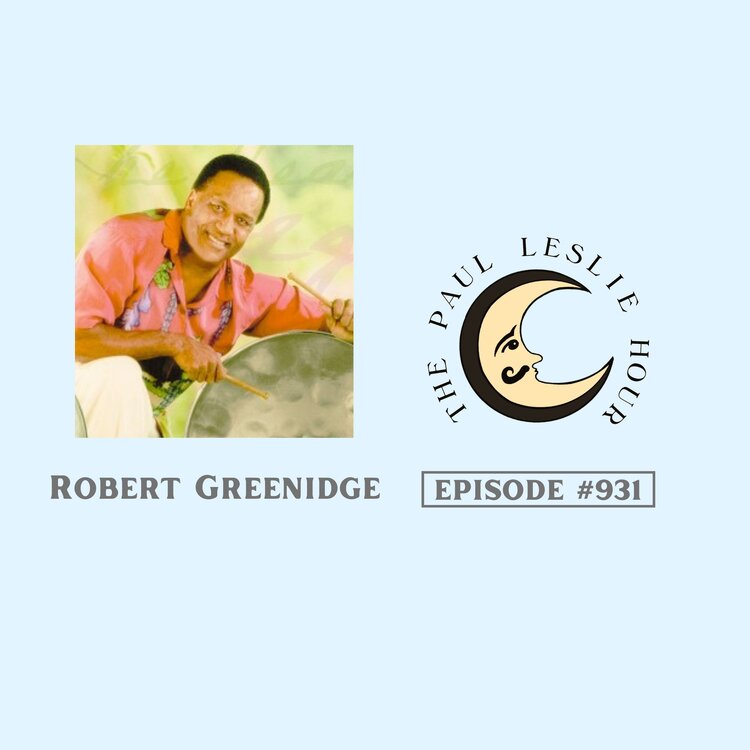 Steel drum player Robert Greenidge is shown on a light blue background.