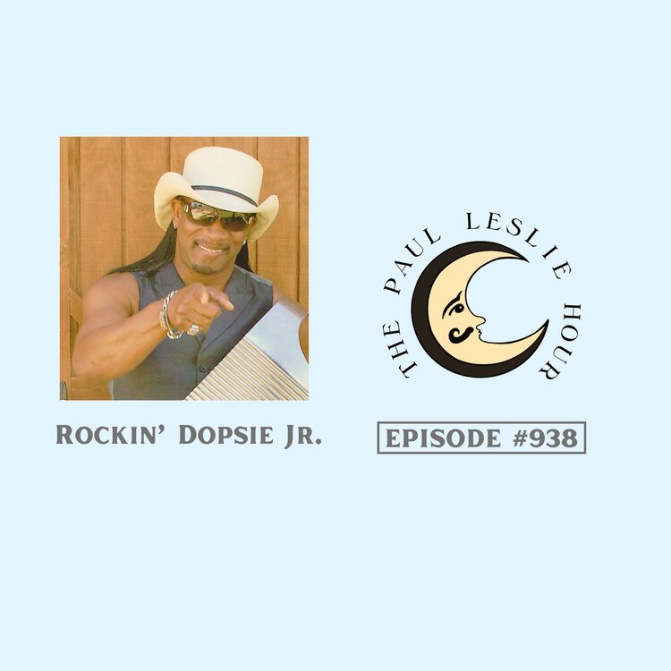 Musician Rockin' Dopsie Jr. is shown on a light blue background.