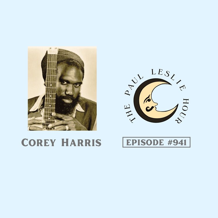 Singer-songwriter Corey Harris is shown on a light blue background.