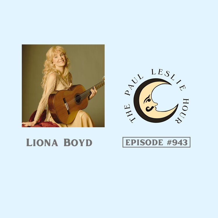 Classical guitarist Liona Boyd is shown on a light blue background.