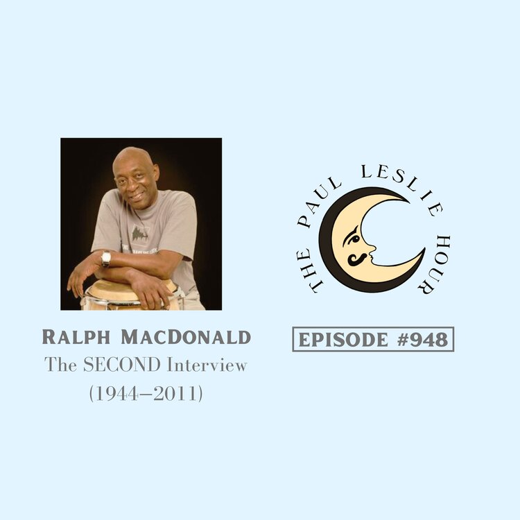 Songwriter and percussionist Ralph MacDonald is shown on a light blue background.