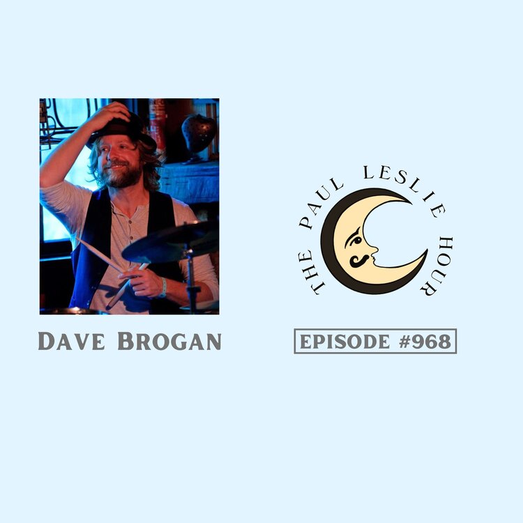 Drummer and recording artist Dave Brogan is shown on a light blue background.