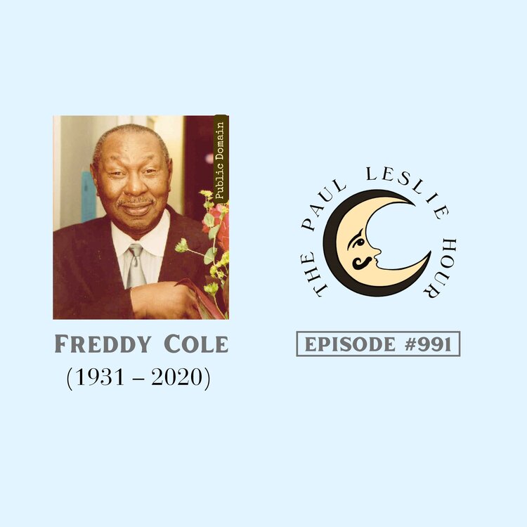Jazz musician Freddy Cole is shown on a light blue background.
