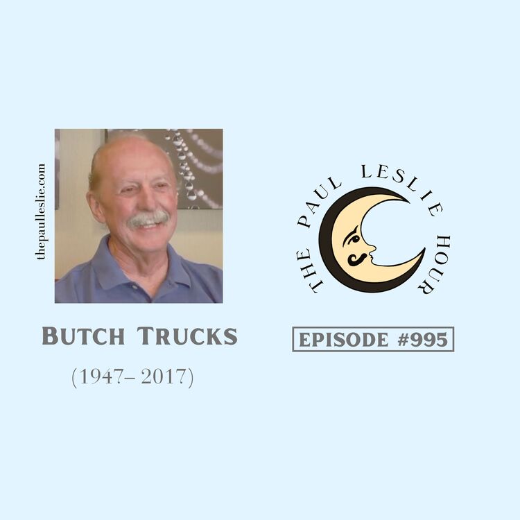 Drummer Butch Trucks is shown on a light blue background.