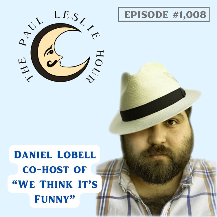 Comedian Daniel Lobell is shown on a light blue background.