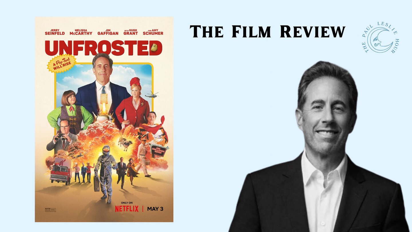 Photo of Jerry Seinfeld and cover of his comedy film Unfrosted is shown on a light blue background.