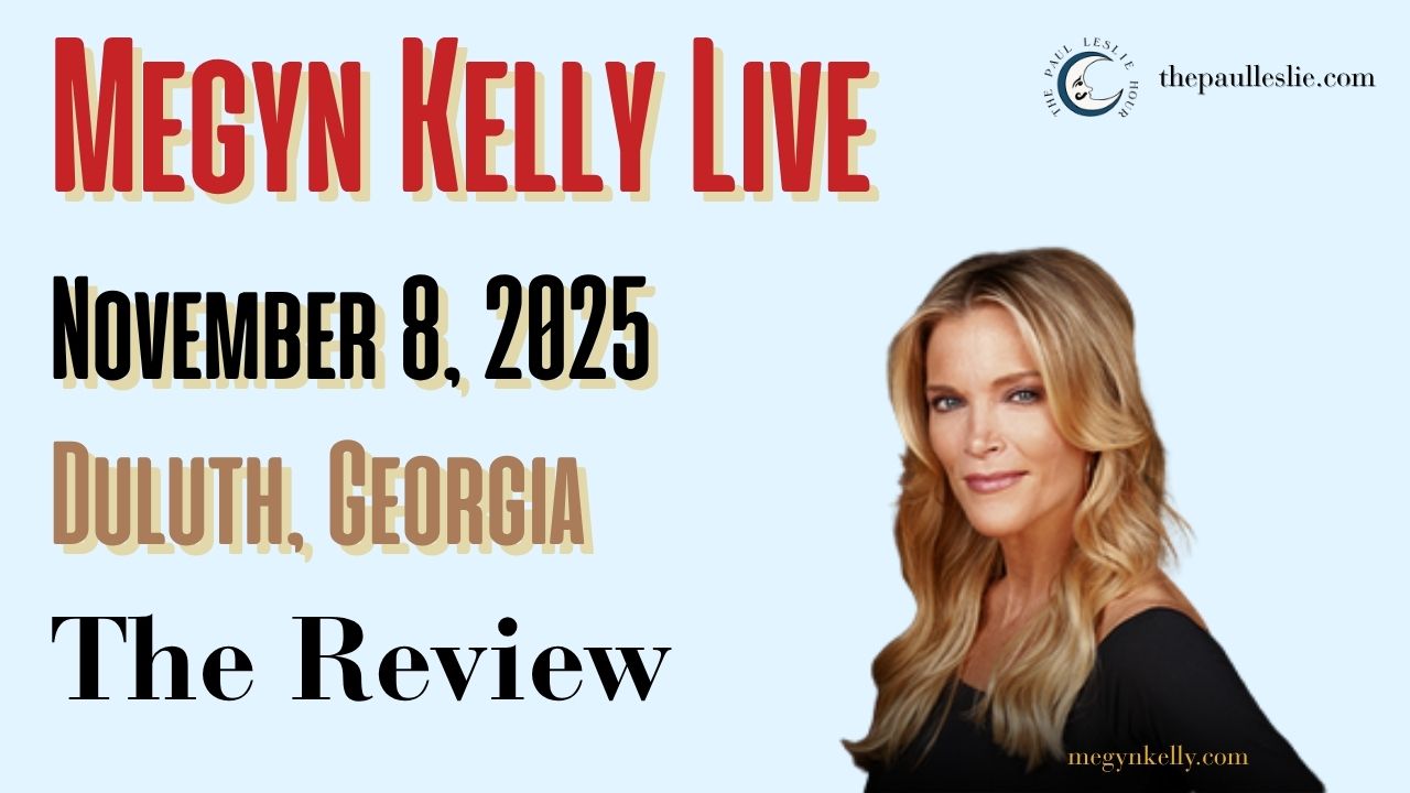 Megyn Kelly is shown on a light blue background. Text describes that this is a review for Megyn Kelly's 2025 live tour.